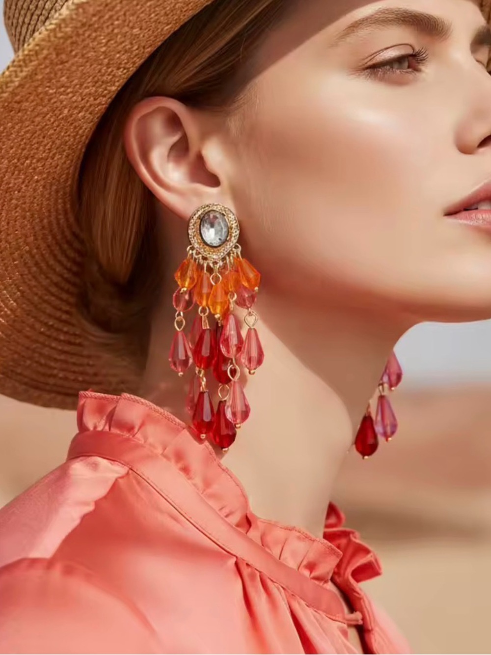 Zara Red and Orange Teardrop Chandelier Earrings